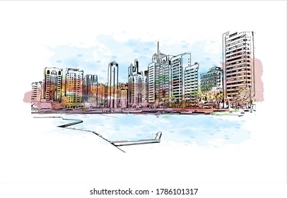 Vista de edificios con un punto de referencia de Abu Dhabi, la capital de los Emiratos Árabes Unidos. Salto de color de agua con ilustración de esbozo dibujada a mano en vector.