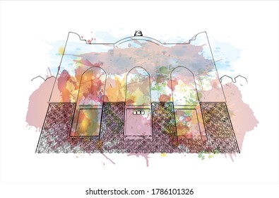 Vista de edificios con un punto de referencia de Abu Dhabi, la capital de los Emiratos Árabes Unidos. Salto de color de agua con ilustración de esbozo dibujada a mano en vector.