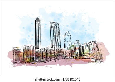 Building view with landmark of Abu Dhabi, the capital of the United Arab Emirates. Watercolor splash with hand drawn sketch illustration in vector.