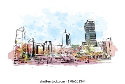 Building view with landmark of Abu Dhabi, the capital of the United Arab Emirates. Watercolor splash with hand drawn sketch illustration in vector.