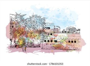 Building view with landmark of Abu Dhabi, the capital of the United Arab Emirates. Watercolor splash with hand drawn sketch illustration in vector.