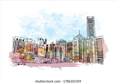 Building view with landmark of Abu Dhabi, the capital of the United Arab Emirates. Watercolor splash with hand drawn sketch illustration in vector.