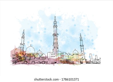 Bausicht mit Wahrzeichen von Abu Dhabi, der Hauptstadt der Vereinigten Arabischen Emirate. Aquarellspritzer mit handgezeichneter Skizzengrafik in Vektorgrafik.
