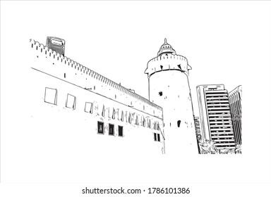 Bausicht mit Wahrzeichen von Abu Dhabi, der Hauptstadt der Vereinigten Arabischen Emirate. Handgezeichnete Skizzengrafik in Vektorgrafik.