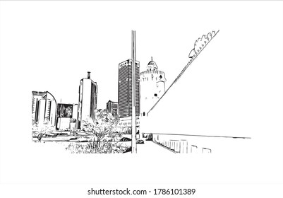 Vista de edificios con un punto de referencia de Abu Dhabi, la capital de los Emiratos Árabes Unidos. Dibujo a mano de ilustración de esbozo en vector.