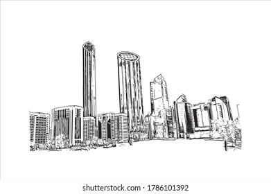 Vista de edificios con un punto de referencia de Abu Dhabi, la capital de los Emiratos Árabes Unidos. Dibujo a mano de ilustración de esbozo en vector.