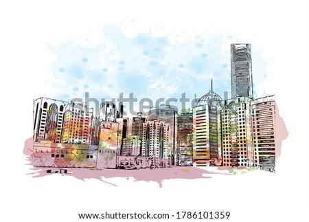 Building view with landmark of Abu Dhabi, the capital of the United Arab Emirates. Watercolor splash with hand drawn sketch illustration in vector.