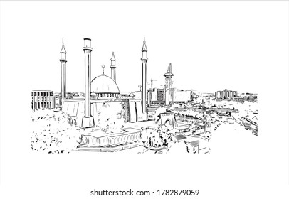 Building view with landmark of Abuja is the capital city of Nigeria, in the middle of the country. Hand drawn sketch illustration in vector.