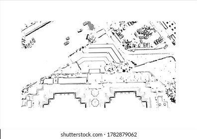 Building view with landmark of Abuja is the capital city of Nigeria, in the middle of the country. Hand drawn sketch illustration in vector.