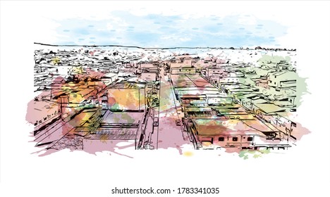 Building view with landmark of Acailandia is a Brazilian municipality in the western of Maranhao State, at an elevation of 787 feet.Watercolor splash with hand drawn sketch illustration in vector.