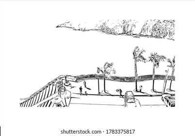 Building view with landmark of Acapulco, a beach resort town on Mexico's Pacific coast.Hand drawn sketch illustration in vector.