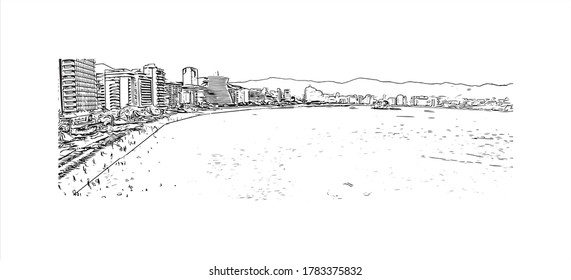 Building view with landmark of Acapulco, a beach resort town on Mexico's Pacific coast.Hand drawn sketch illustration in vector.