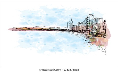 Building view with landmark of Acapulco, a beach resort town on Mexico's Pacific coast.Watercolor splash with hand drawn sketch illustration in vector.