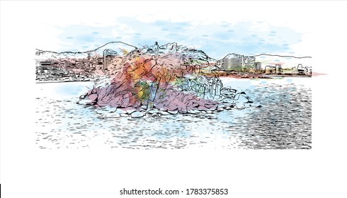 Building view with landmark of Acapulco, a beach resort town on Mexico's Pacific coast.Watercolor splash with hand drawn sketch illustration in vector.