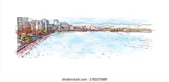 Building view with landmark of Acapulco, a beach resort town on Mexico's Pacific coast.Watercolor splash with hand drawn sketch illustration in vector.