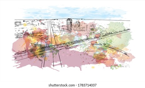 Building view with landmark of Accra is the capital of Ghana, on the Atlantic coast of West Africa. Watercolor splash with hand drawn sketch illustration in vector.