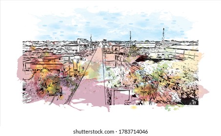 Building view with landmark of Accra is the capital of Ghana, on the Atlantic coast of West Africa. Watercolor splash with hand drawn sketch illustration in vector.
