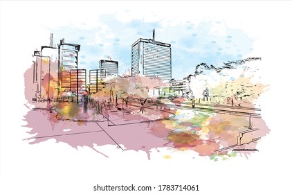 Die Hauptstadt von Ghana, an der Atlantikküste Westafrikas, ist die Hauptstadt von Accra. Aquarellspritzer mit handgezeichneter Skizzengrafik in Vektorgrafik.