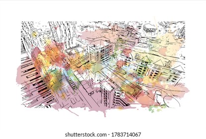Building view with landmark of Accra is the capital of Ghana, on the Atlantic coast of West Africa. Watercolor splash with hand drawn sketch illustration in vector.