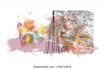 Building view with landmark of Accra is the capital of Ghana, on the Atlantic coast of West Africa. Watercolor splash with hand drawn sketch illustration in vector.