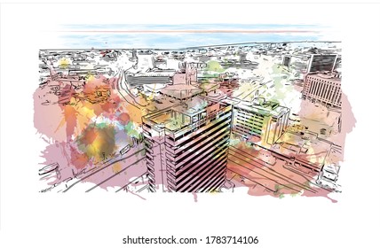Building view with landmark of Accra is the capital of Ghana, on the Atlantic coast of West Africa. Watercolor splash with hand drawn sketch illustration in vector.