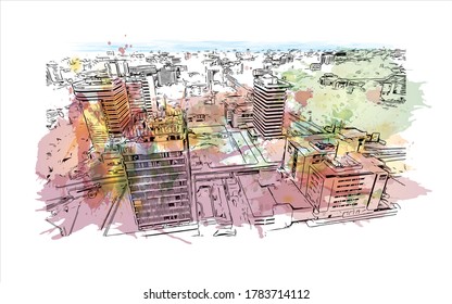 Building view with landmark of Accra is the capital of Ghana, on the Atlantic coast of West Africa. Watercolor splash with hand drawn sketch illustration in vector.