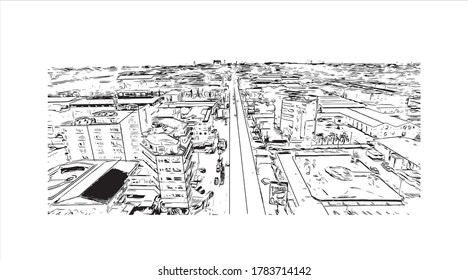 Building view with landmark of Accra is the capital of Ghana, on the Atlantic coast of West Africa. Hand drawn sketch illustration in vector.