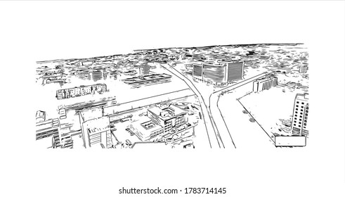 Building view with landmark of Accra is the capital of Ghana, on the Atlantic coast of West Africa. Hand drawn sketch illustration in vector.