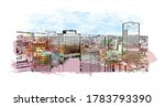 Building view with landmark of Adelaide is South Australia’s cosmopolitan coastal capital. Watercolor splash with hand drawn sketch illustration in vector.