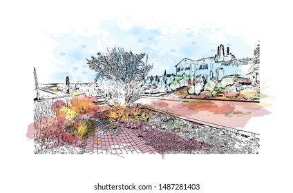 Building view with landmark of Adelaide is South Australia’s cosmopolitan coastal capital. Watercolor splash with Hand drawn sketch illustration in vector.