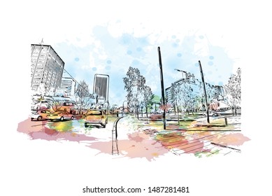 Building view with landmark of Adelaide is South Australia’s cosmopolitan coastal capital. Watercolor splash with Hand drawn sketch illustration in vector.