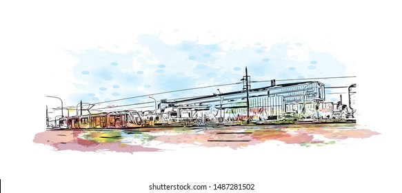 Building view with landmark of Adelaide is South Australia’s cosmopolitan coastal capital. Watercolor splash with Hand drawn sketch illustration in vector.