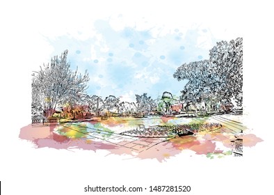 Building view with landmark of Adelaide is South Australia’s cosmopolitan coastal capital. Watercolor splash with Hand drawn sketch illustration in vector.
