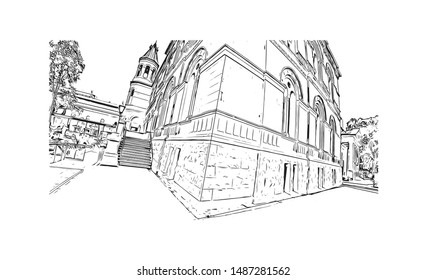 Building view with landmark of Adelaide is South Australia’s cosmopolitan coastal capital. Hand drawn sketch illustration in vector.