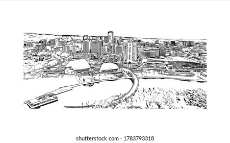 Building view with landmark of Adelaide is South Australia’s cosmopolitan coastal capital. Hand drawn sketch illustration in vector.