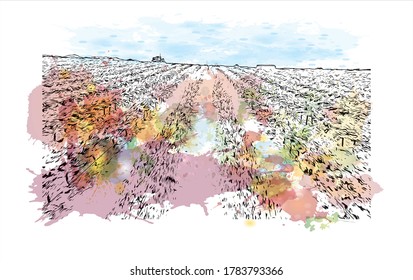 Building view with landmark of Adelaide is South Australia’s cosmopolitan coastal capital. Watercolor splash with hand drawn sketch illustration in vector.
