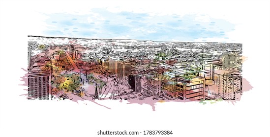 Building view with landmark of Adelaide is South Australia’s cosmopolitan coastal capital. Watercolor splash with hand drawn sketch illustration in vector.