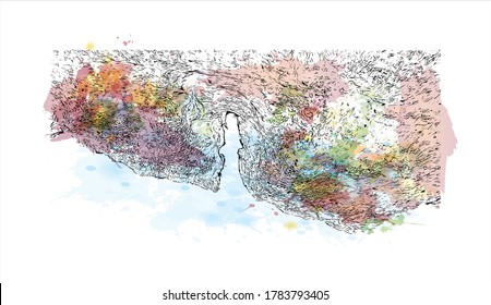 Building view with landmark of Adelaide is South Australia’s cosmopolitan coastal capital. Watercolor splash with hand drawn sketch illustration in vector.