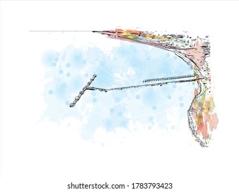 Building view with landmark of Adelaide is South Australia’s cosmopolitan coastal capital. Watercolor splash with hand drawn sketch illustration in vector.