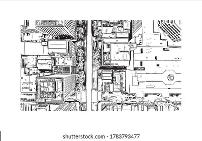 Building view with landmark of Adelaide is South Australia’s cosmopolitan coastal capital. Hand drawn sketch illustration in vector.