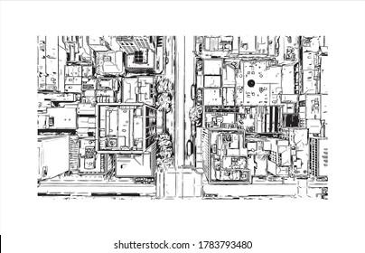 Building view with landmark of Adelaide is South Australia’s cosmopolitan coastal capital. Hand drawn sketch illustration in vector.