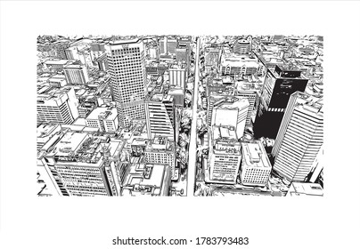 Building view with landmark of Adelaide is South Australia’s cosmopolitan coastal capital. Hand drawn sketch illustration in vector.