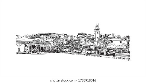 Building view with landmark of Agadir, a city along Morocco’s southern Atlantic coast, in the foothills of the Anti-Atlas Mountains, Hand drawn sketch illustration in vector.