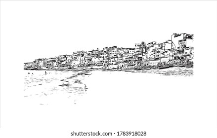 Building view with landmark of Agadir, a city along Morocco’s southern Atlantic coast, in the foothills of the Anti-Atlas Mountains, Hand drawn sketch illustration in vector.