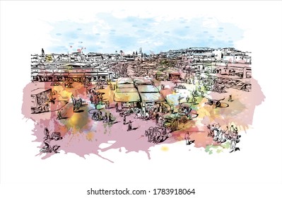 Building view with landmark of Agadir, a city along Morocco’s southern Atlantic coast, in the foothills of the Anti-Atlas Mountain. Watercolor splash with hand drawn sketch illustration in vector.