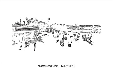 Building view with landmark of Agadir, a city along Morocco’s southern Atlantic coast, in the foothills of the Anti-Atlas Mountains, Hand drawn sketch illustration in vector.