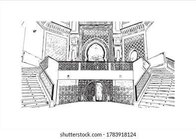 Building view with landmark of Agadir, a city along Morocco’s southern Atlantic coast, in the foothills of the Anti-Atlas Mountains, Hand drawn sketch illustration in vector.