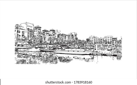Building view with landmark of Agadir, a city along Morocco’s southern Atlantic coast, in the foothills of the Anti-Atlas Mountains, Hand drawn sketch illustration in vector.