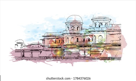 Building view with landmark  of Agartala is the capital city of Tripura, a northeast Indian state. Watercolor splash with hand drawn sketch illustration in vector.