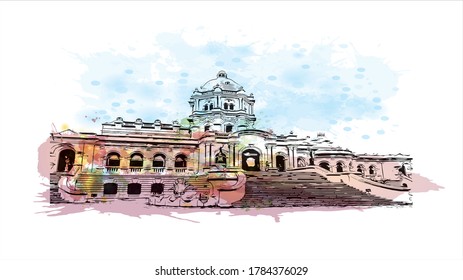 Building view with landmark  of Agartala is the capital city of Tripura, a northeast Indian state. Watercolor splash with hand drawn sketch illustration in vector.